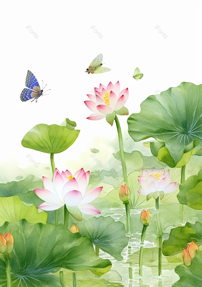 水彩画绿色复古池塘荷叶荷花胡蝶插画,插画/手绘图,插画/手绘图库,插画/手绘图下载,插画/手绘